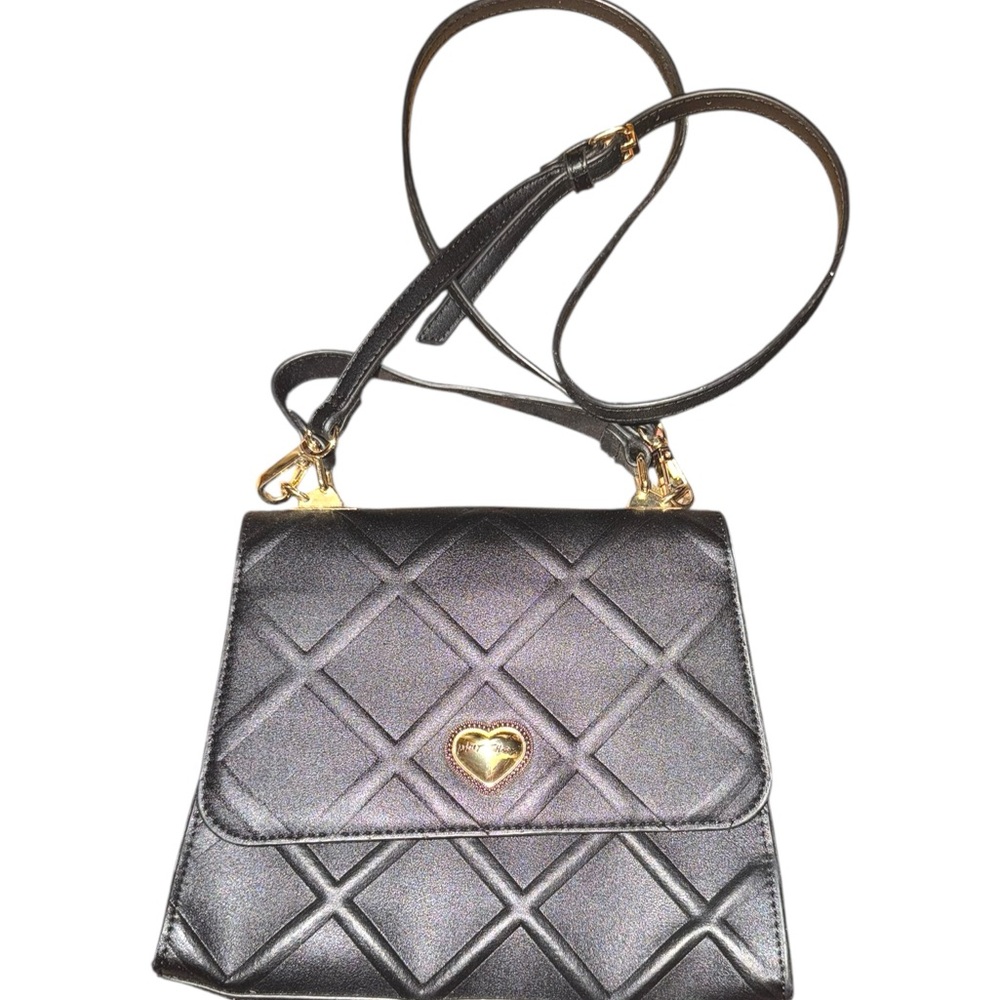 Betsey Johnson Black Quilted Crossbody Bag with Floral Blue Whimsical Inside